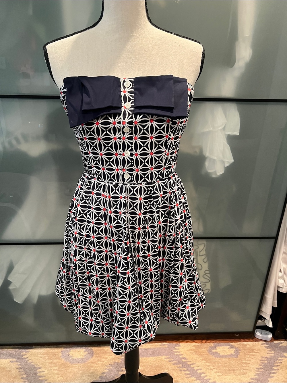 Trina Turk Navy, White & Red Strapless Geometric Fit-and-Flare Dress